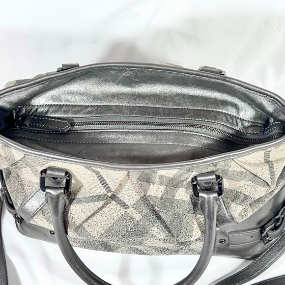 Burberry Pilgrim Tote Shoulder Bag Metallic Grey Beige Canvas Check Shopping - Picture 2 of 16